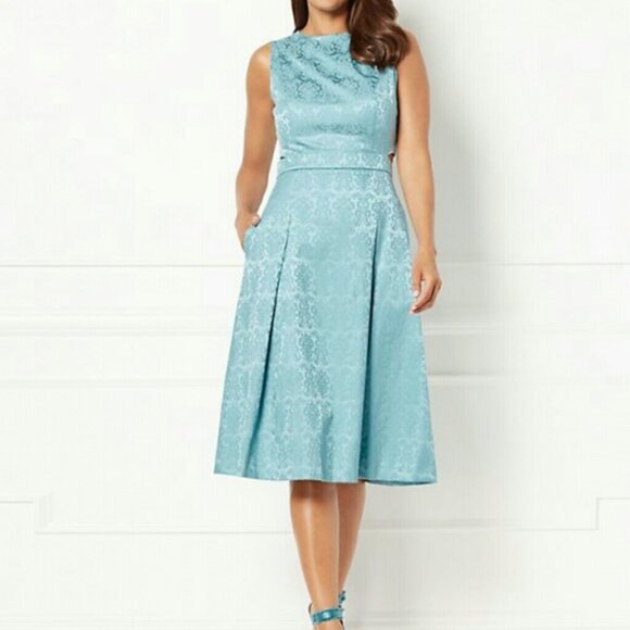 Eva Mendes New York & Company Brocade Winter Holiday Chic Teal Midi Dress 6 - Picture 1 of 13